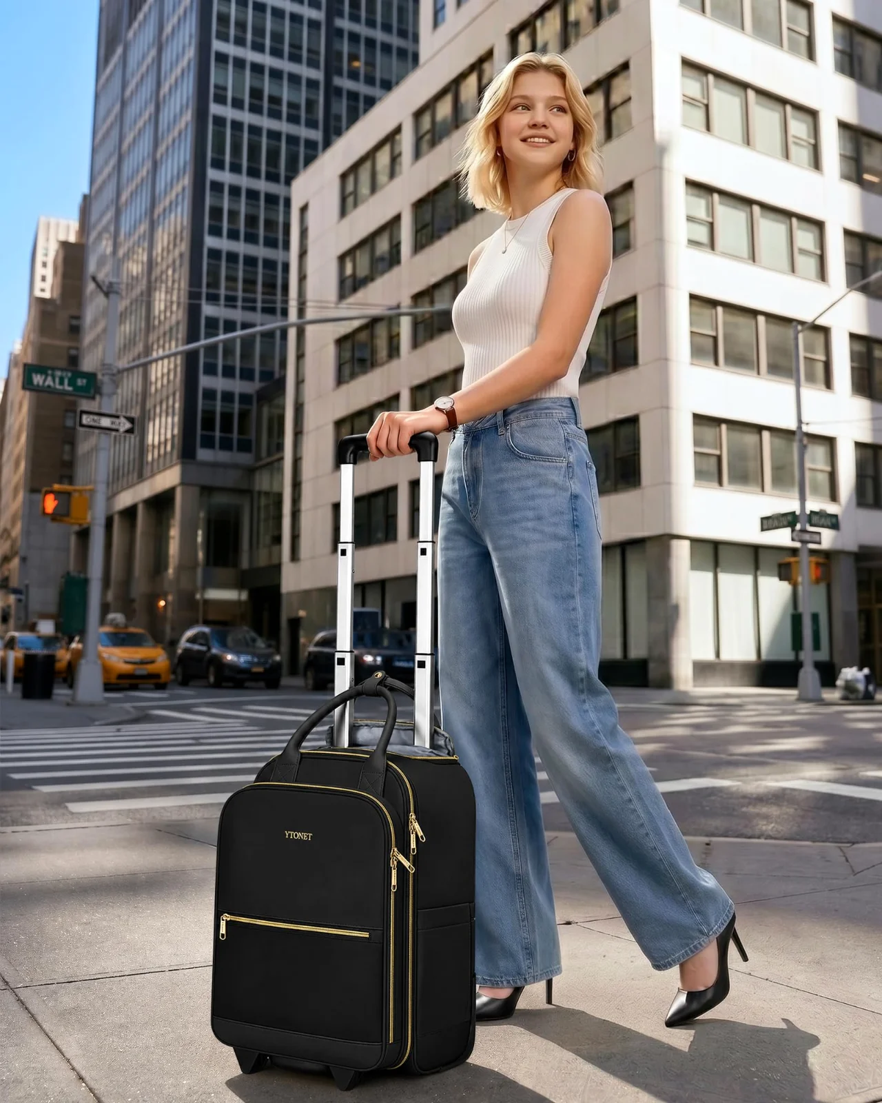 A black 15.6-inch rolling backpack on two wheels at a street corner in the financial district, handle up