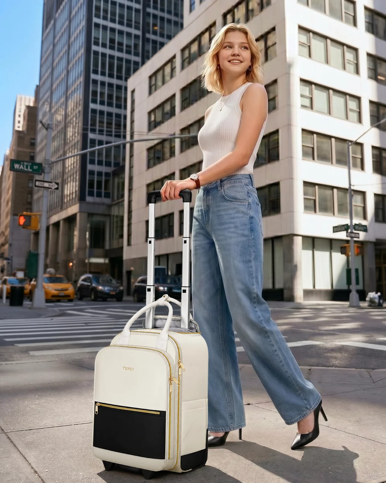 A white 15.6-inch rolling backpack at a street corner in the financial district