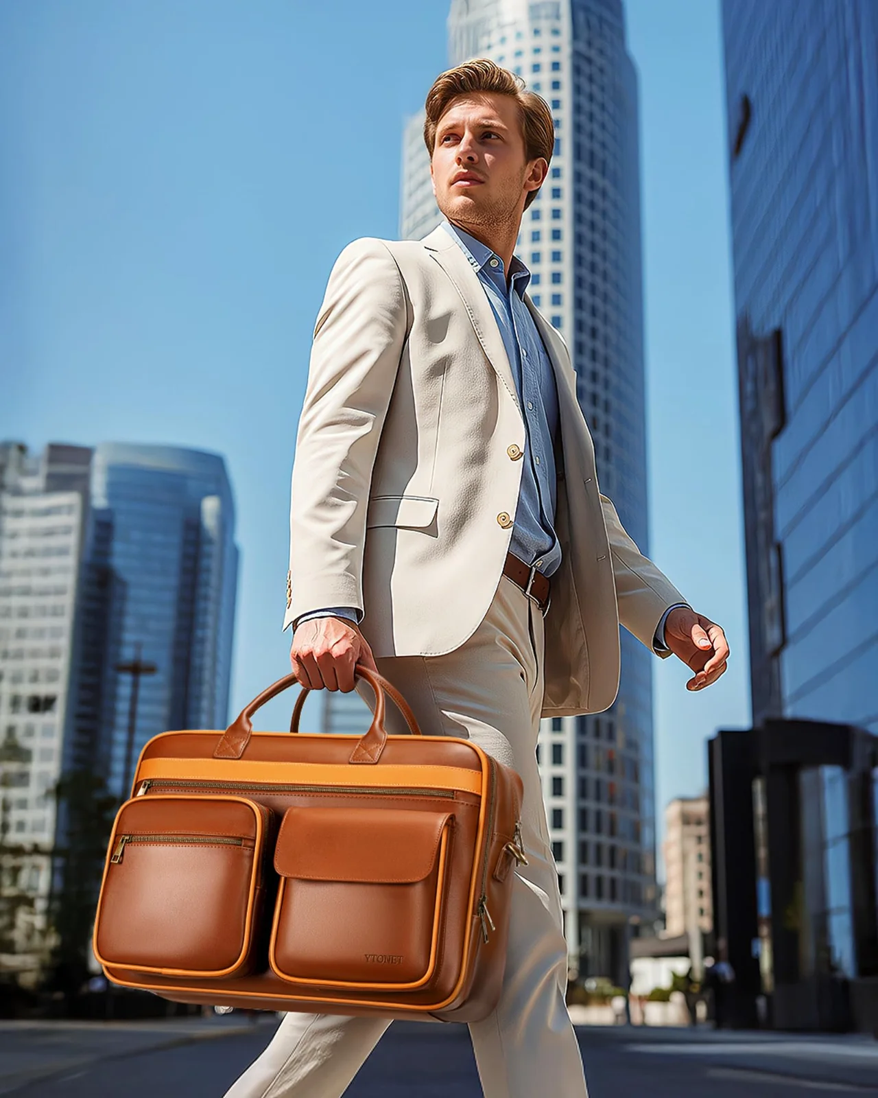 A brown PU leather messenger bag on the shoulder of a man in a cream blazer between two office towers